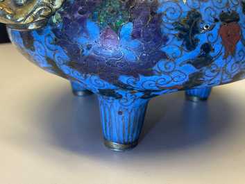 A large Chinese cloisonn&eacute; tripod censer, Ming