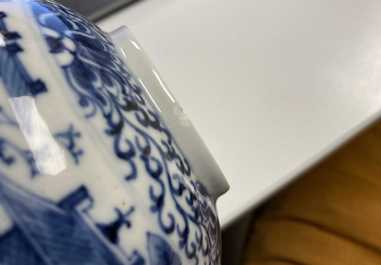 A Chinese blue and white teapot and cover with figures in a landscape, 19th C.