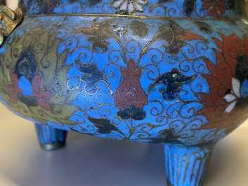 A large Chinese cloisonn&eacute; tripod censer, Ming