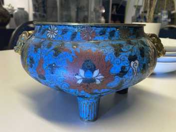 A large Chinese cloisonn&eacute; tripod censer, Ming