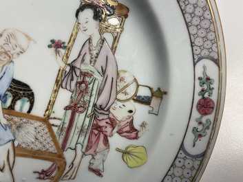 A pair of fine Chinese famille rose ruby back plates with figures in an interior, Yongzheng