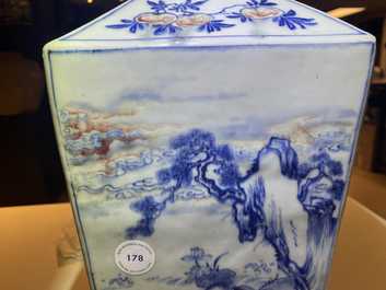 A Chinese square-sectioned blue, white and copper-red vase, Kangxi