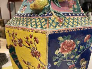 A pair of Chinese hexagonal famille rose vases, 19th C.