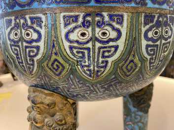 A large Chinese cloisonn&eacute; tripod censer and cover, Qianlong