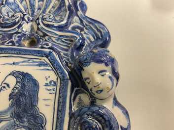 A pair of Dutch Delft blue and white appliques with royalist portraits of prince William IV and princess Anne, 18th C.