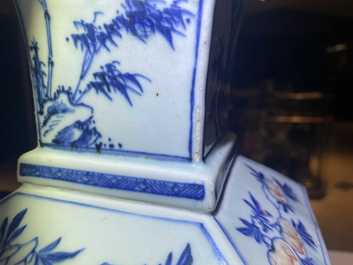 A Chinese square-sectioned blue, white and copper-red vase, Kangxi