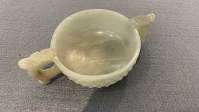 A Chinese celadon jade two-handled libation cup, Ming