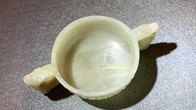 A Chinese celadon jade two-handled libation cup, Ming