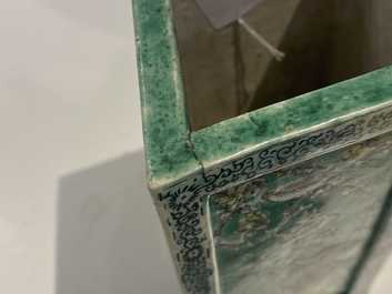 A square Chinese verte biscuit brush pot, Kangxi