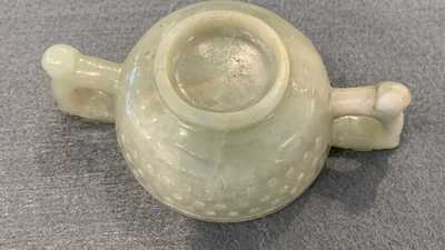 A Chinese celadon jade two-handled libation cup, Ming