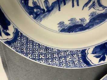 Five Chinese blue and white figurative plates, Kangxi and Chenghua marks, Kangxi