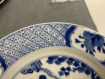 Five Chinese blue and white figurative plates, Kangxi and Chenghua marks, Kangxi