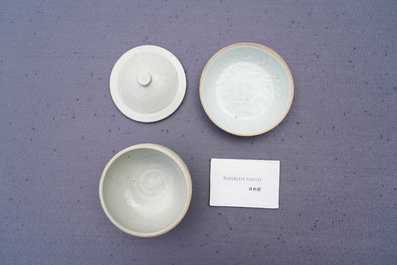 A Chinese qingbai molded 'fish' dish and a bowl with cover, Song/Yuan