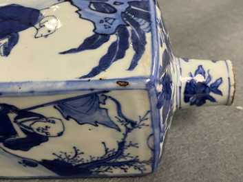 Une bouteille de forme carr&eacute;e en porcelaine de Chine en bleu et blanc, Wanli