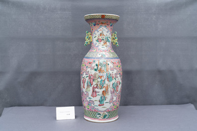 A Chinese pink-ground famille rose vase, 19th C.