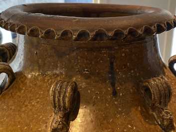 A large Chinese brown-glazed relief-molded martaban jar with dragons, Qing