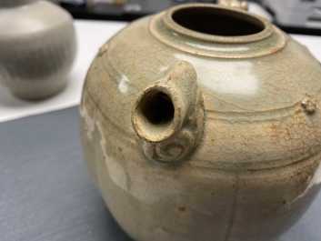 A Chinese celadon-glazed 'Jue' ewer, a qingbai-glazed wine ewer and a storage vessel, Song/Yuan