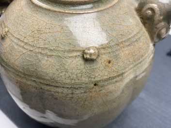 A Chinese celadon-glazed 'Jue' ewer, a qingbai-glazed wine ewer and a storage vessel, Song/Yuan