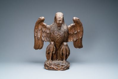 An oak model of a pelican, 17th C.