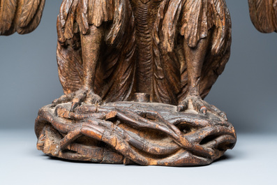 An oak model of a pelican, 17th C.