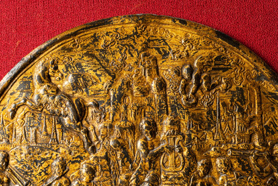 A gilded bronze 'Apollo on mount Parnassus' plaque and a bronze mortar, Flanders, 16th C.
