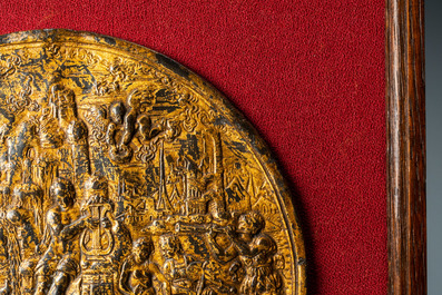 A gilded bronze 'Apollo on mount Parnassus' plaque and a bronze mortar, Flanders, 16th C.