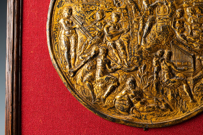 A gilded bronze 'Apollo on mount Parnassus' plaque and a bronze mortar, Flanders, 16th C.