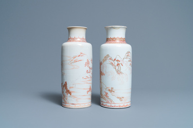 Two Chinese iron-red and gilt rouleau vases, Kangxi