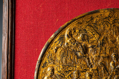 A gilded bronze 'Apollo on mount Parnassus' plaque and a bronze mortar, Flanders, 16th C.