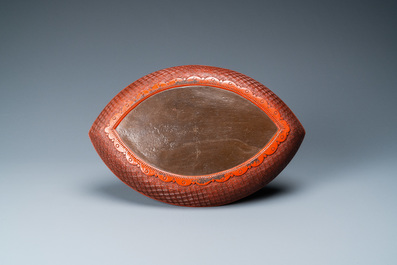 A Chinese pointed oval red cinnabar lacquer 'peacock' tray, three-character mark, Qianlong