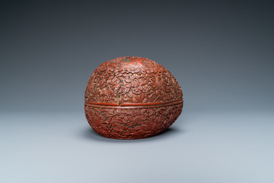 A Chinese red cinnabar lacquer peach-shaped box and cover, Kangxi