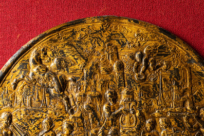 A gilded bronze 'Apollo on mount Parnassus' plaque and a bronze mortar, Flanders, 16th C.