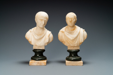 A pair of Italian alabaster busts of the emperors Trajan and Julius Caesar, 19th C.