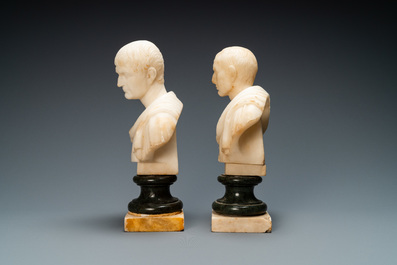 A pair of Italian alabaster busts of the emperors Trajan and Julius Caesar, 19th C.