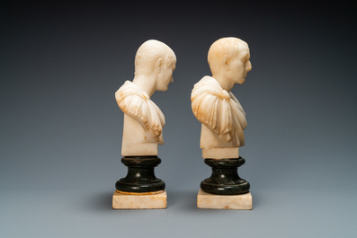 A pair of Italian alabaster busts of the emperors Trajan and Julius Caesar, 19th C.