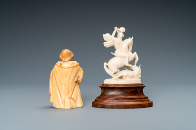 Deux statues en ivoire: Saint Joseph, Espagne, 17&egrave;me et Saint Georges terrassant le dragon, 19/20&egrave;me
