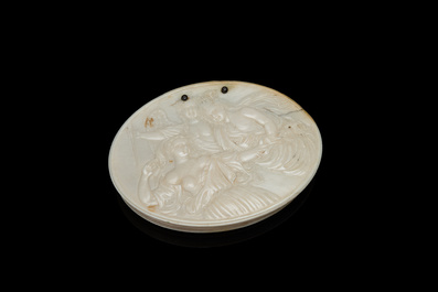 A silver-mounted oval ivory box depicting Diana and her nymphs, 18th C.