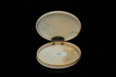 A silver-mounted oval ivory box depicting Diana and her nymphs, 18th C.