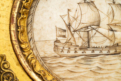 Une plaque en ivoire grav&eacute; repr&eacute;sentant un navire avec inscription 'S'il mollit, il n'entrera pas', France, 18&egrave;me