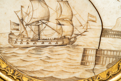 Une plaque en ivoire grav&eacute; repr&eacute;sentant un navire avec inscription 'S'il mollit, il n'entrera pas', France, 18&egrave;me