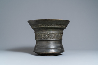 A large bronze mortar dated 1615 and inscribed for Hubert Renard, Lille, France