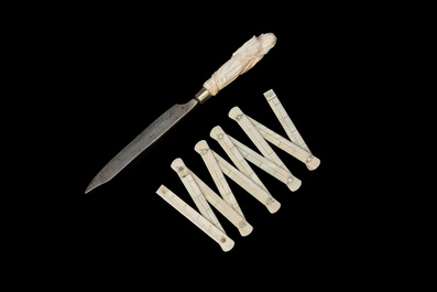 An ivory-handled knife depicting the theological virtue of faith and an ivory folding tailor's ruler, 17/18th and 19th C.
