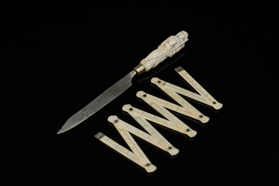 An ivory-handled knife depicting the theological virtue of faith and an ivory folding tailor's ruler, 17/18th and 19th C.