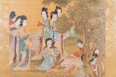 Chinese school, after Zhao Danian, ink and color on silk: 'Painter at work', 17/18th C.