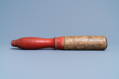 A Chinese bronze gong set in a carved wooden stand, 19th C.