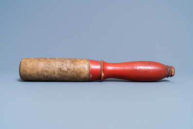 A Chinese bronze gong set in a carved wooden stand, 19th C.