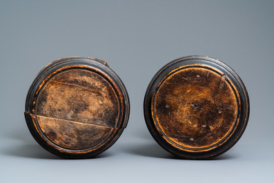 A pair of patinated coniferous wood candle supports in the shape of kneeling Moors, Venice, Italy, 17/18th C.