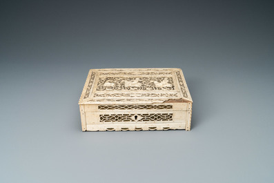 A reticulated bone and wood hunting scene box, Arkhangelsk, Kholmogory, Russia, 18th C.