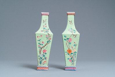 A pair of Chinese famille rose green-ground vases with floral design, 19th C.