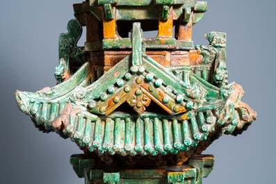 An exceptional large inscribed Chinese sancai-glazed pagoda, dated 1550, Ming